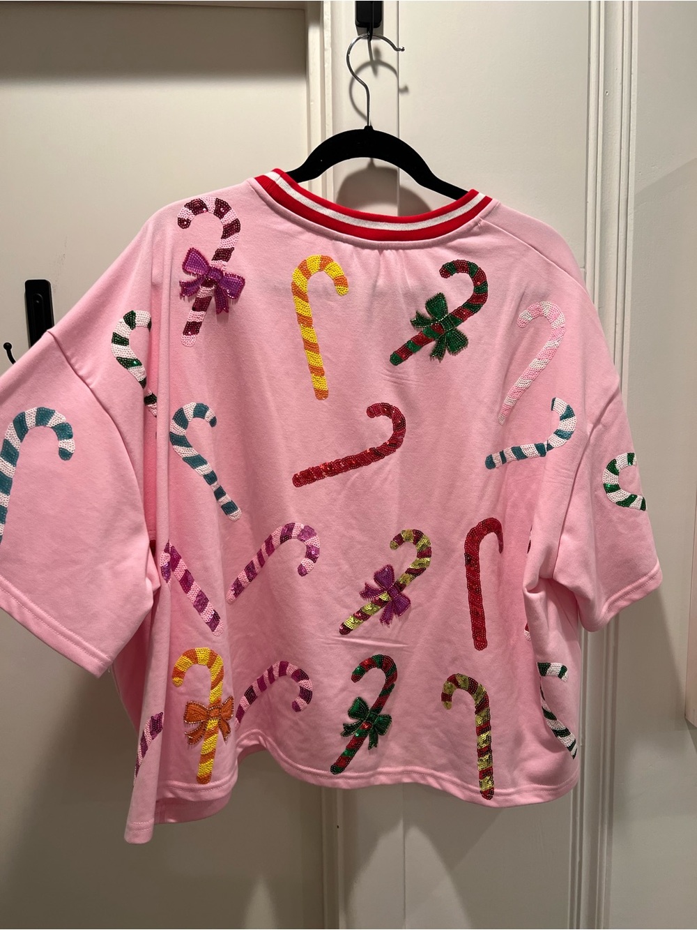Queen of Sparkles Pink Short Sleeve Sweatshirt with Red Trim Sequin Candy Cane - Picture 5 of 5
